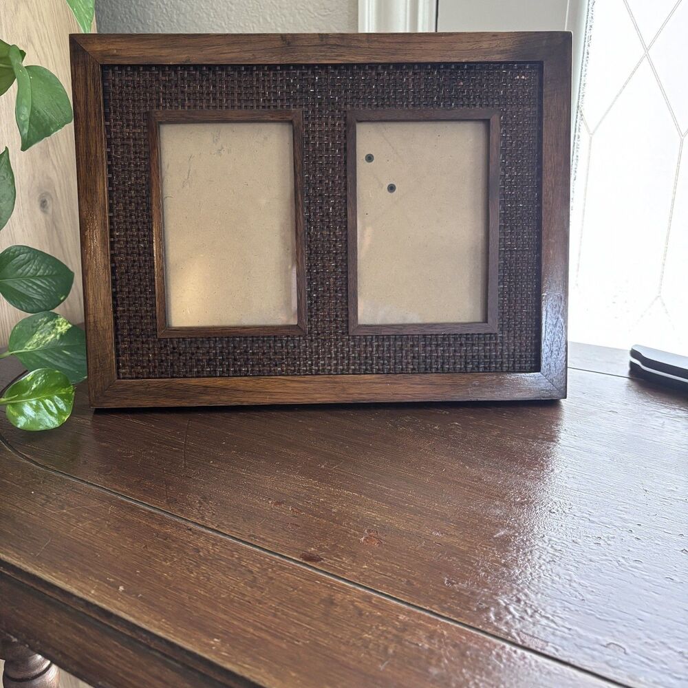 Rare Woods Double Photo Picture Frame Wood and Rattan 10x13in